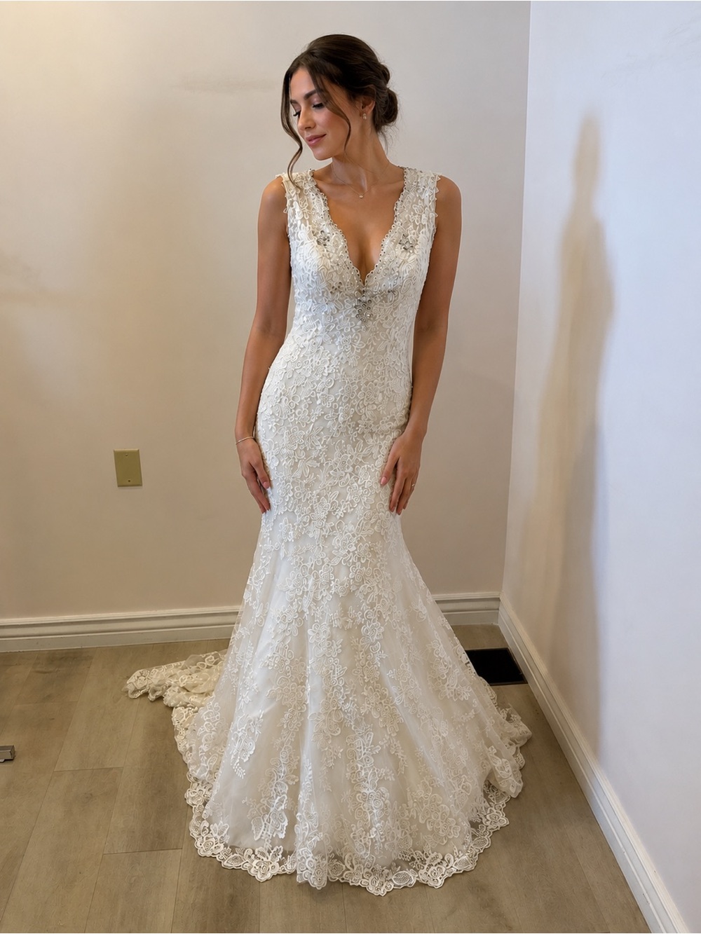 Lace V-Neck Bridal Gown in Ivory